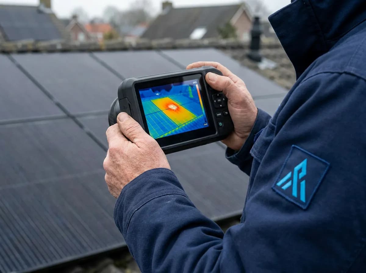 Termogrāfijas pārbaude — tehniķis ar termokameru pie saules paneļiem