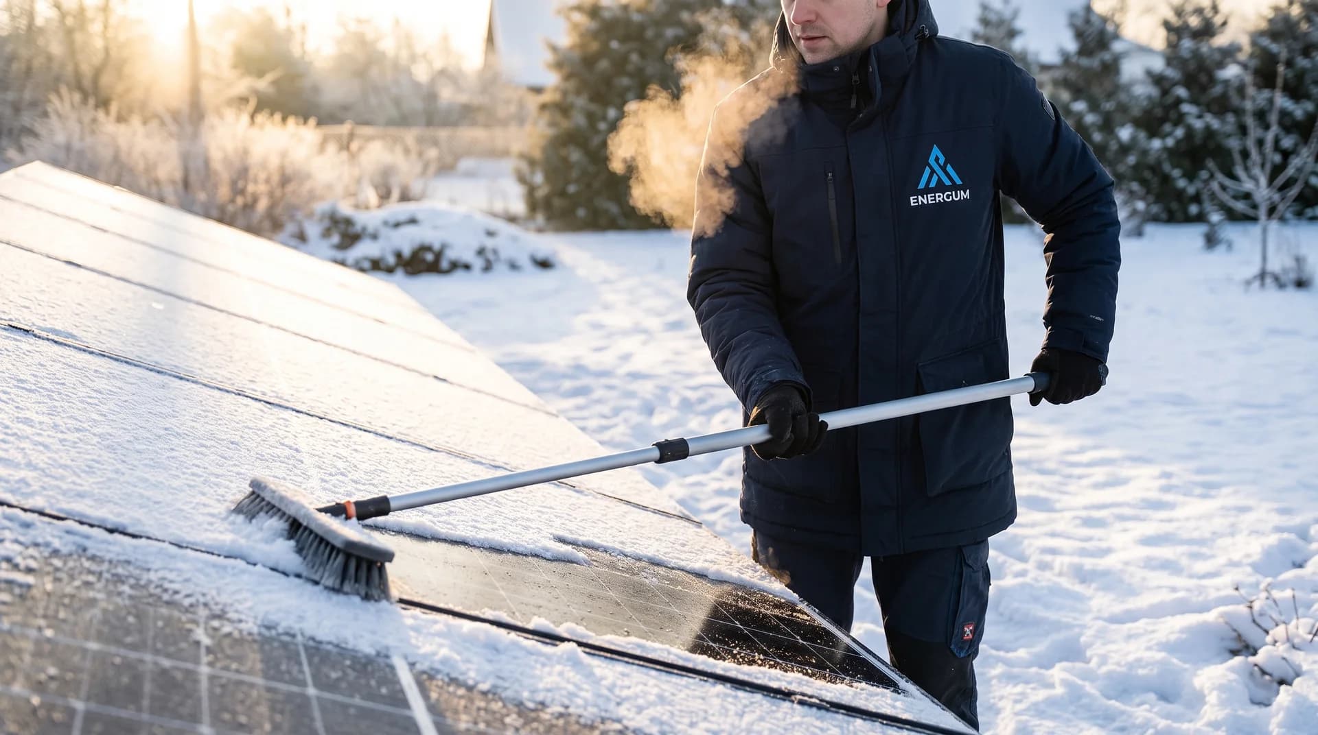 ENERGUM tehniķis notīra sniegu no saules paneļiem ziemā