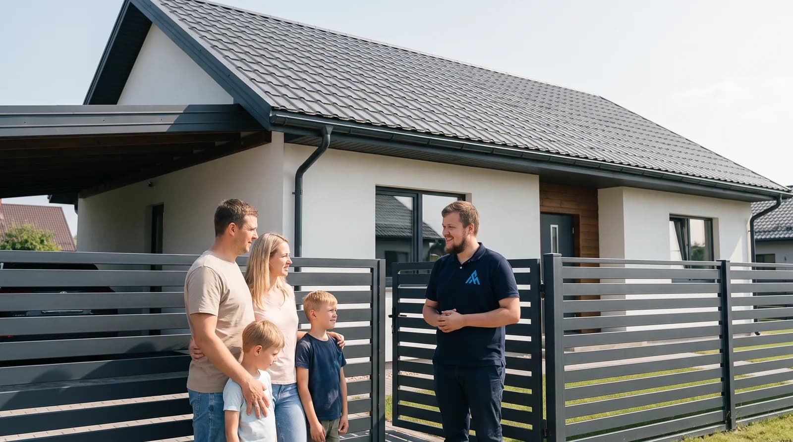 ENERGUM projekta vadītājs Māris konsultē ģimeni pie mājas vārtiem