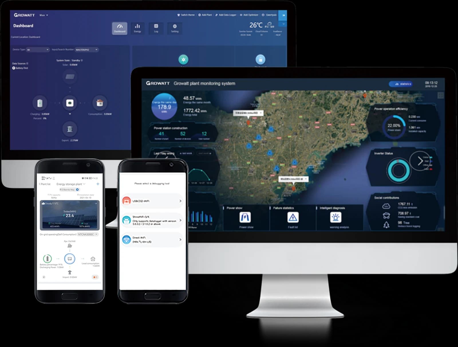 Growatt monitoringa sistēma — portāls datorā un ShinePhone lietotne telefonā