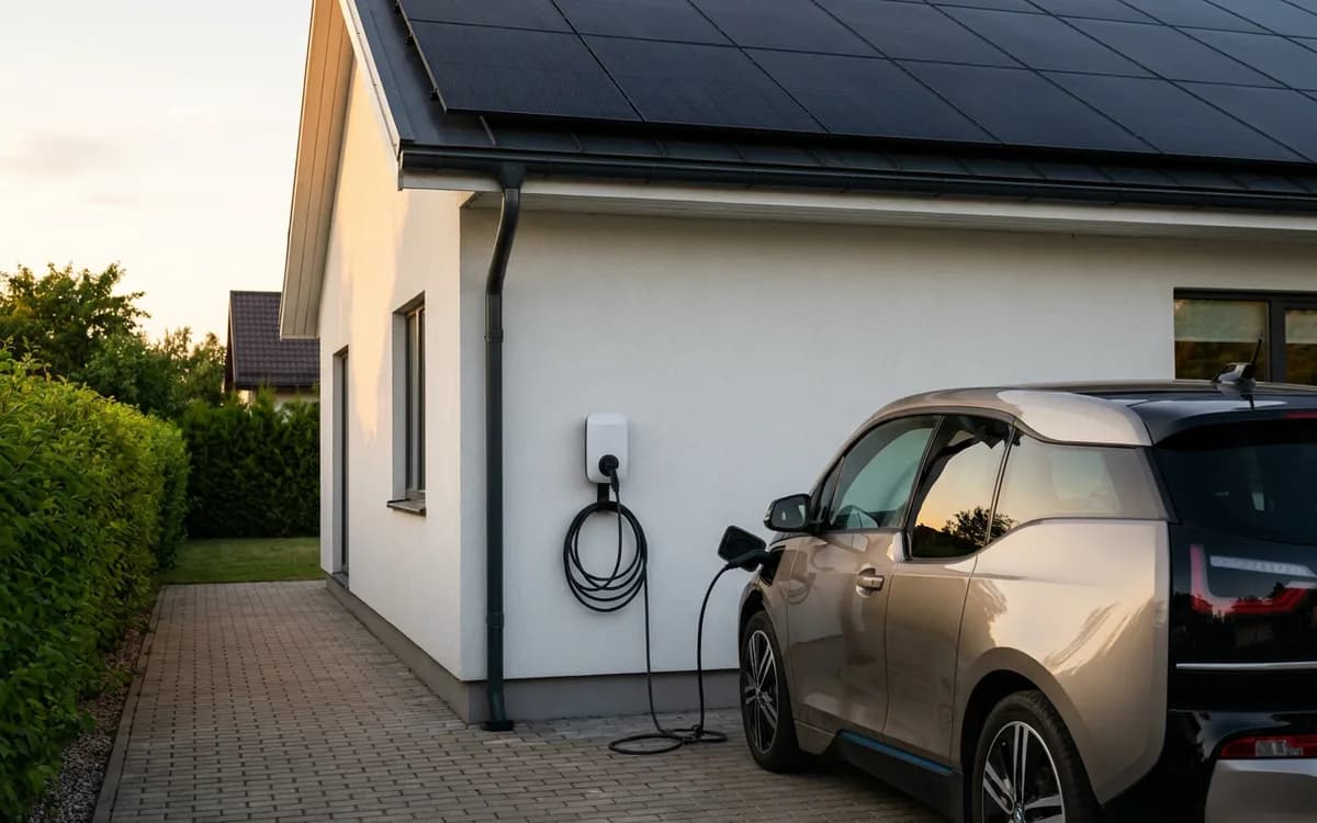 Elektroauto lādējas pie mājas sienas uzlādes stacijas; jumta malā redzami melni paneļi