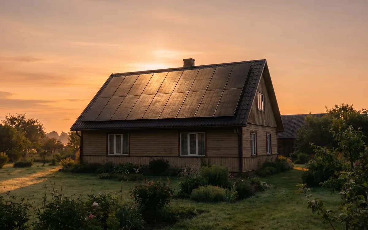 Tā pati māja saulrietā — zemā saule atspīd jumta paneļos