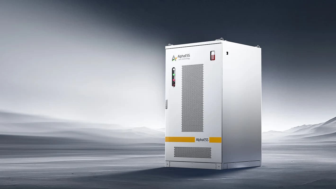 AlphaESS STORION-H50-G3 enerģijas uzkrāšanas skapis pelēkā ainavā.