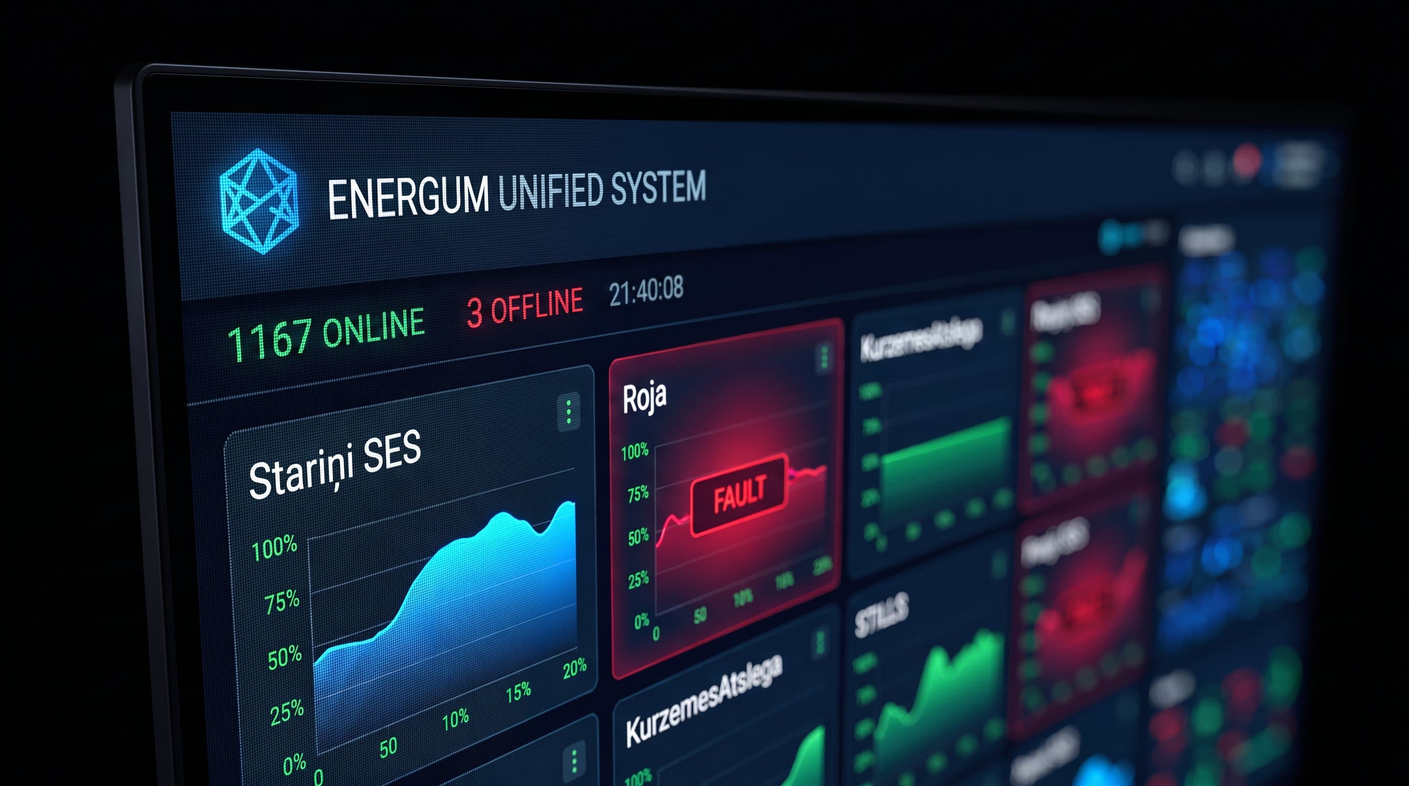 ENERGUM Unified System monitoringa ekrāns ar elektrostaciju ražības grafikiem un avārijas brīdinājumu