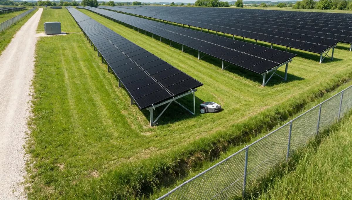 Robotizēts mulčētājs pļauj zāli tieši pie paneļu galda kājām saules parkā.