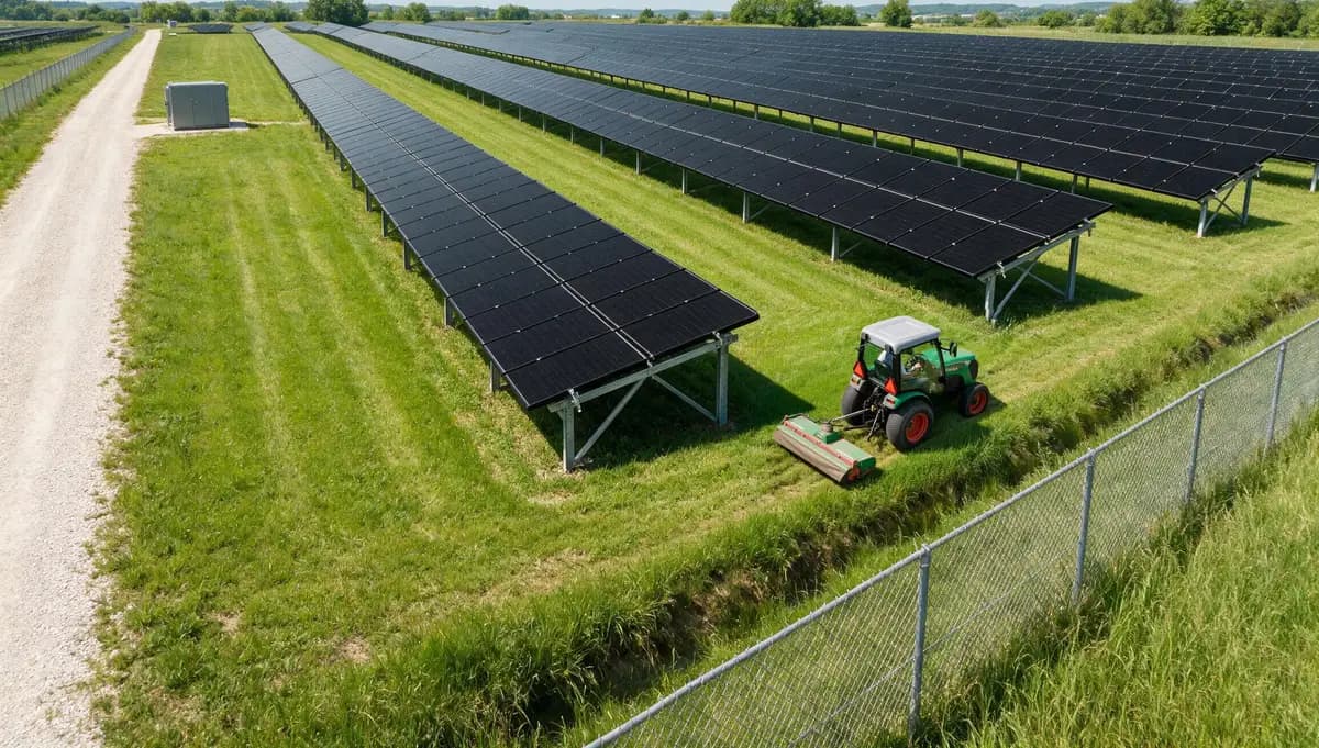 Traktors pļauj zāli starp saules paneļu rindām parkā.