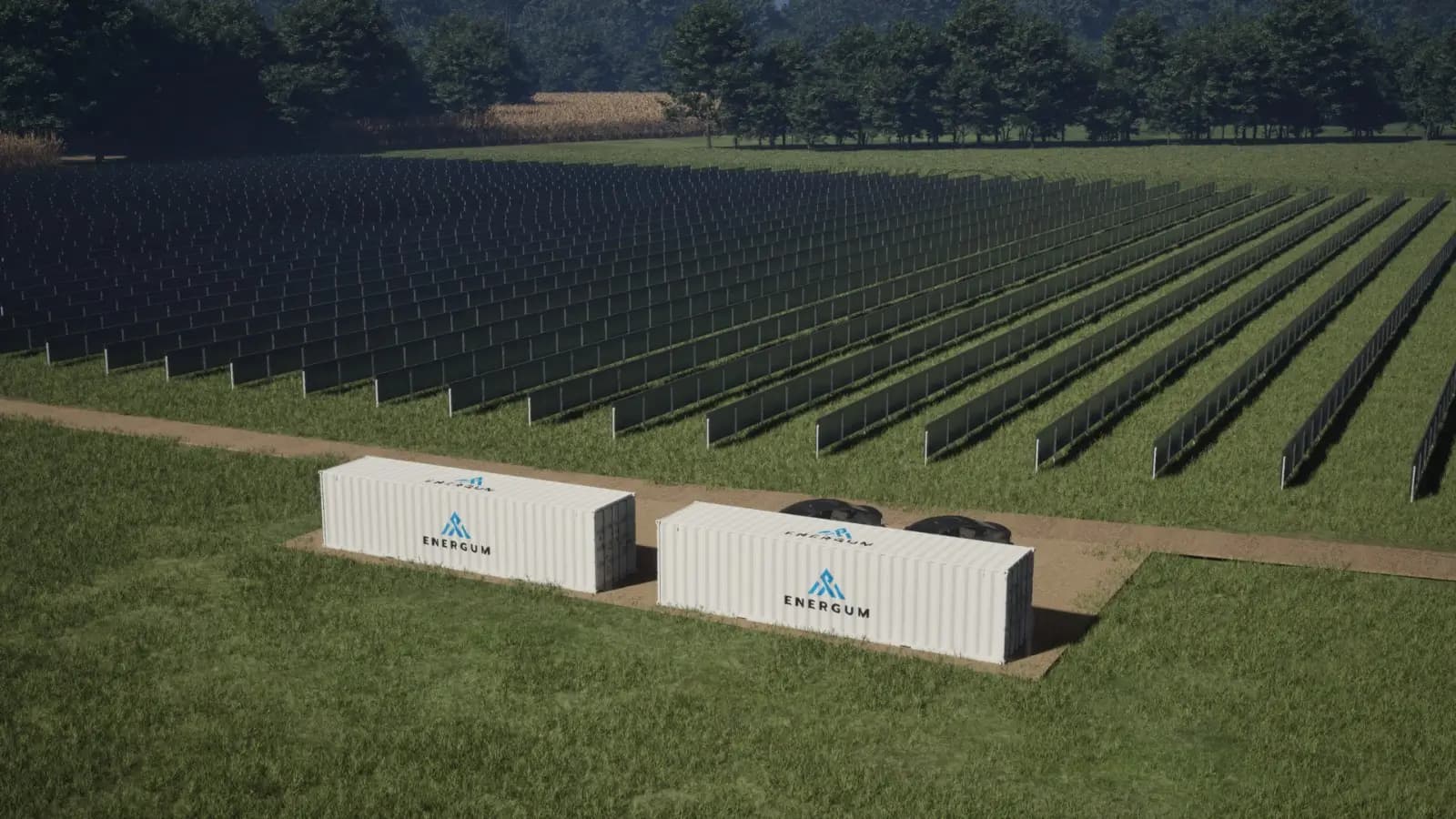 ENERGUM vertikālais saules parks ar enerģijas uzkrāšanas konteineriem