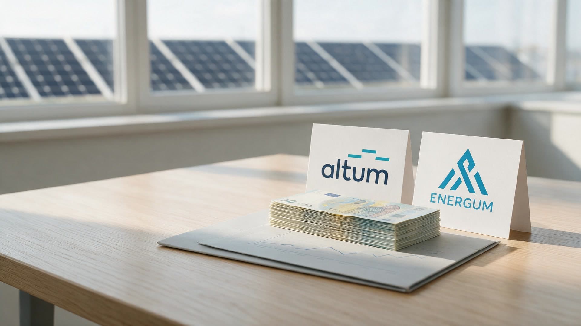 Altum un ENERGUM kartītes uz galda ar naudas kaudzīti un finanšu aprēķinu mapi