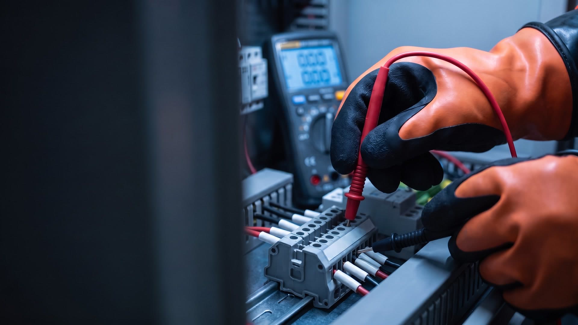 Elektriķa rokas cimdos ar multimetra zondēm pie sadales skapja spaiļu rindas