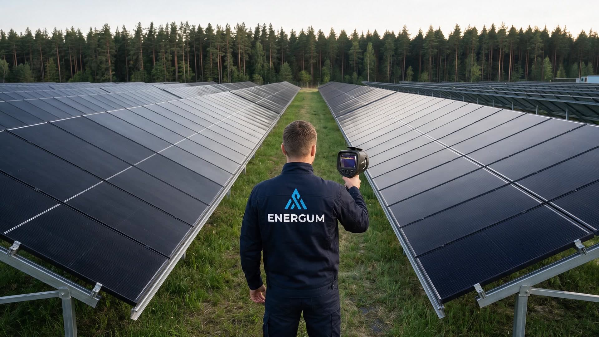 ENERGUM speciālists ar termokameru starp saules parka paneļu rindām
