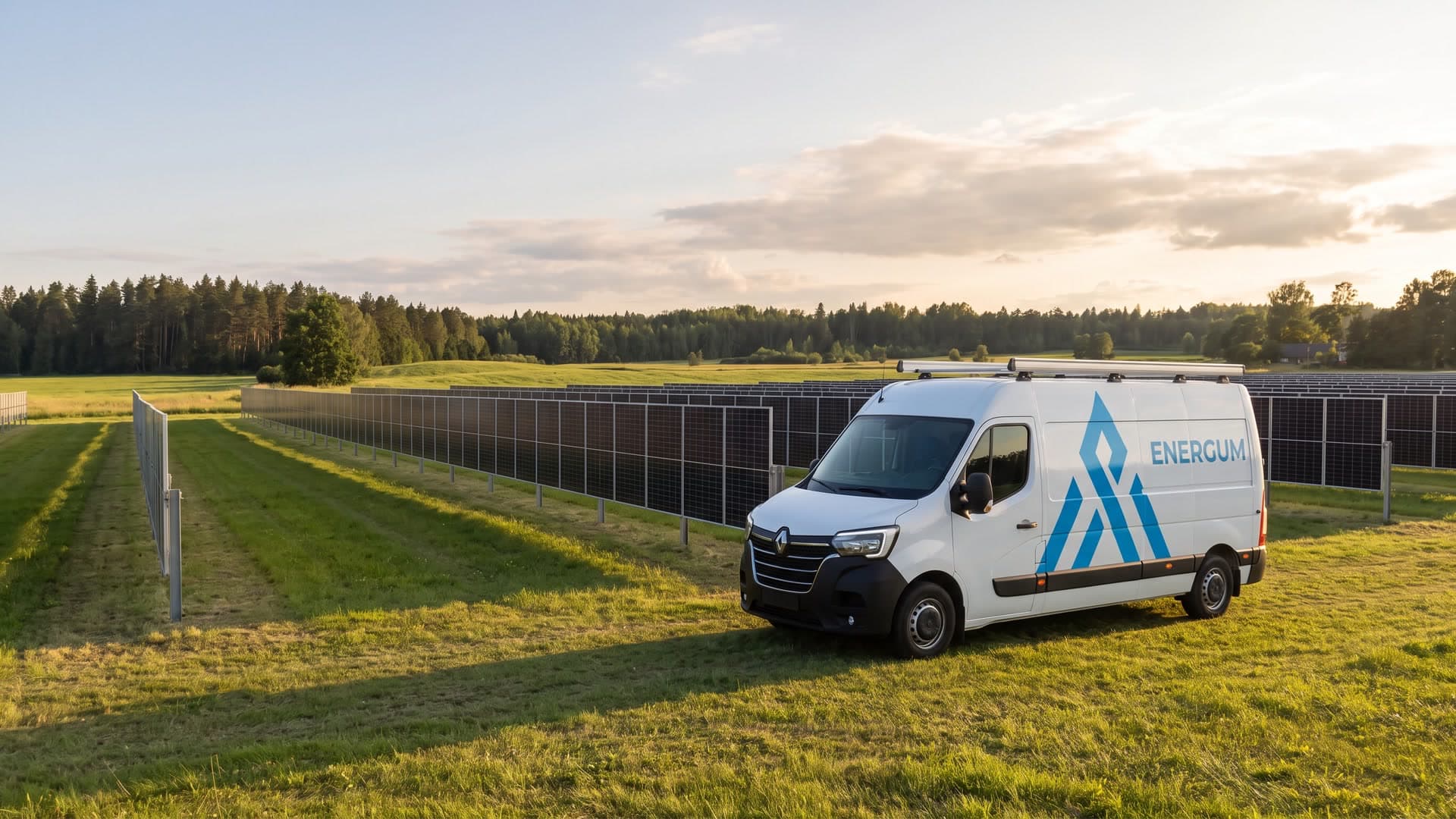 ENERGUM servisa auto pie vertikāli uzstādītu divpusēju saules paneļu rindām laukā