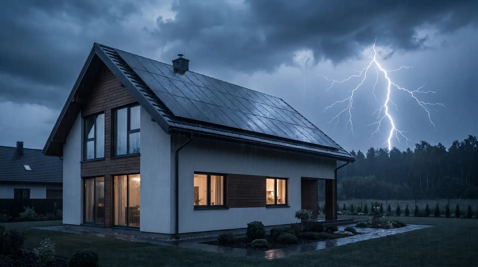 Māja ar saules paneļiem negaisā ar zibeni fonā