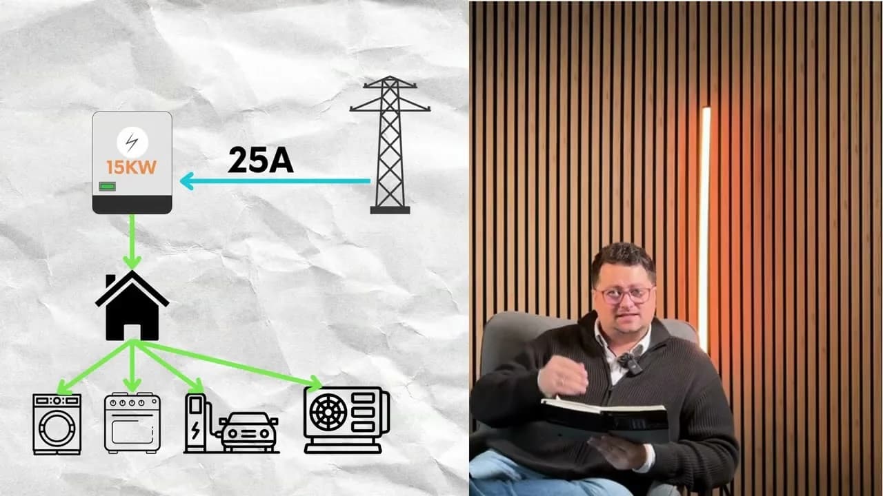 Shēma ar 15 kW invertoru, 25 A tīkla pieslēgumu un mājas patērētājiem — veļasmašīnu, plīti, elektroauto uzlādi