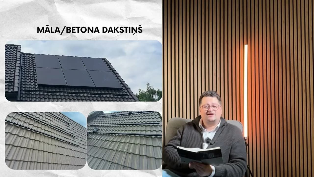 Melni saules paneļi uz māla un betona dakstiņu jumtiem — trīs uzstādītu objektu fotoattēli